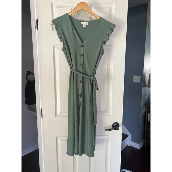 Monteau Los Angeles Sage Green Button Front Midi Dress Belted Cap Sleeve S - Picture 1 of 4